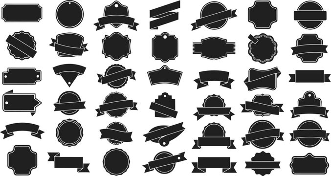 A collection of various black and white badge and banner designs on a white background in a vector format