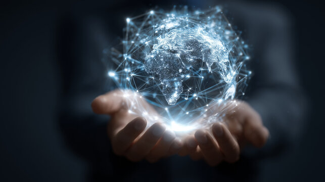A man holds a globe that connects a network of information forwarding to the world, quick and easy forwarding information. And network connection a black background. - Powered by Adobe