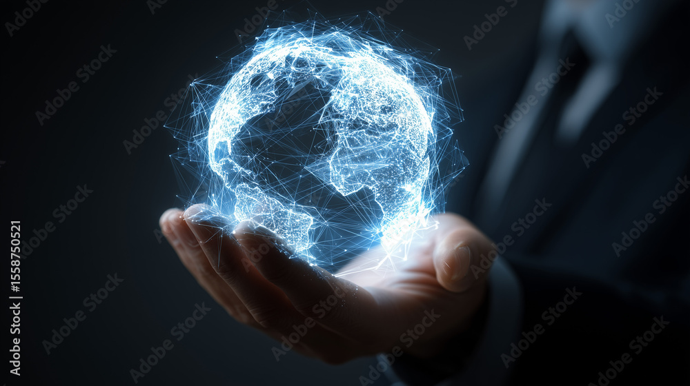 Fototapete A man holds a globe that connects a network of information forwarding to the world, quick and easy forwarding information. And network connection a black background.