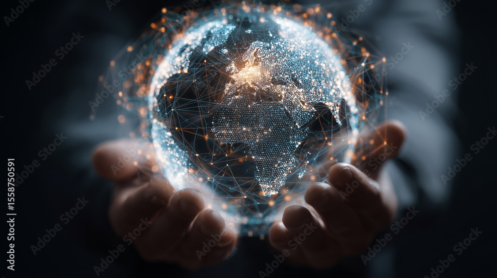 Fototapete A man holds a globe that connects a network of information forwarding to the world, quick and easy forwarding information. And network connection a black background.