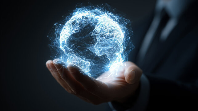 A man holds a globe that connects a network of information forwarding to the world, quick and easy forwarding information. And network connection a black background.