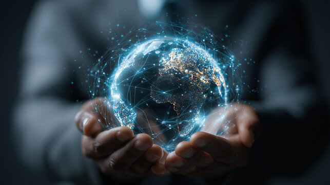A man holds a globe that connects a network of information forwarding to the world, quick and easy forwarding information. And network connection a black background.