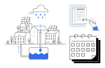 Cityscape with solar-powered homes, rainwater harvesting, and water tank. Calendar denotes planning. Contract signing highlights agreement for eco-friendly development. Ideal for sustainability