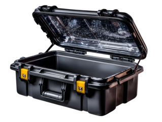 Black industrial plastic utility box with open-top design, garage-ready storage concept, sturdy and functional appearance, transparent to transparent background --ar 4:3 --v 7.0 --p 537mr6h --s 250