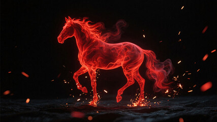Silhouette of a fire horse emerging from red smoke and glowing sparks on black background, moody and symbolic imagery