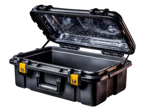 Black industrial plastic utility box with open-top design, garage-ready storage concept, sturdy and functional appearance, transparent to transparent background --ar 4:3 --v 7.0 --p 537mr6h --s 250