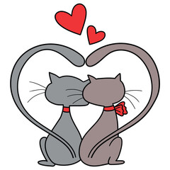Hand drawn cartoon couple of cat in love on white background.