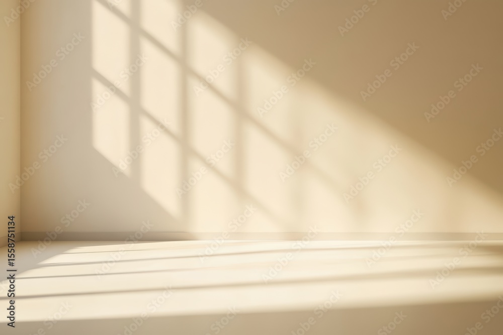 Wall mural sunlight streams through a window, casting geometric shadows on a plain beige wall and floor in an e