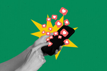 Zine banner full photo collage of human hand hold phone device click like reaction popular content...
