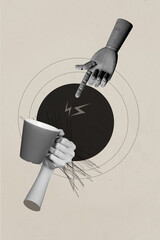 Image 3d zine vertical collage of human hand hold earphones box retro camera shooting coffee cup beverage lightning concept