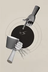  Image 3d zine vertical collage of human hand hold earphones box retro camera shooting coffee cup beverage lightning concept © deagreez