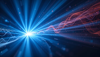 Radiating blue light streaks and flowing red waveforms create a dynamic abstract background for science and technology designs.