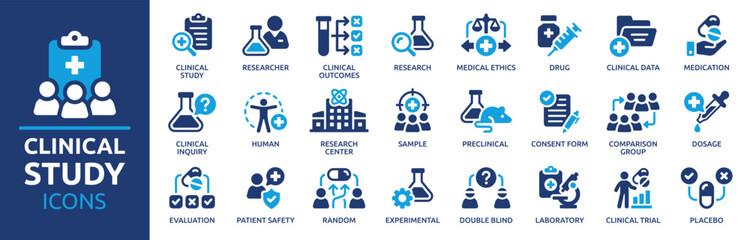 Obraz na płótnie Canvas Clinical Study icon set. Clinical trial, laboratory, researcher, consent form, medication, experimental, clinical data and more. Solid vector icons collection.