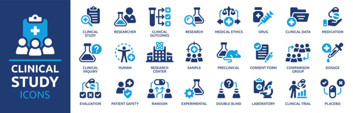 Clinical Study icon set. Clinical trial, laboratory, researcher, consent form, medication, experimental, clinical data and more. Solid vector icons collection.