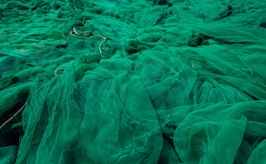 Emerald green fishing nets for sea fish in vietnam's coastal area