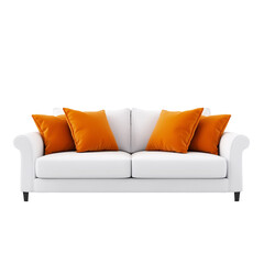 Naklejka premium White sofa with orange pillows home decor interior design furniture living room comfort cozy relaxation