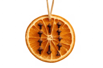 Christmas decoration made of dried orange slice with cloves hanging on a string, isolated on transparent background