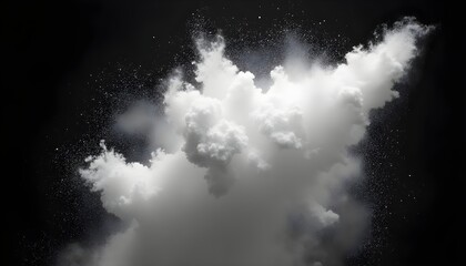 A dramatic scene of white clouds and dust on a black background