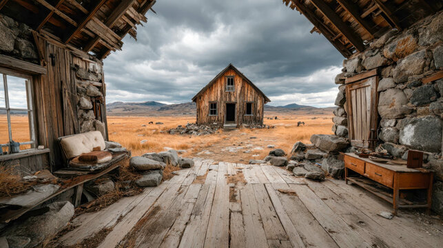 A dilapidated wooden house in the middle of an open field, viewed from the ruins of another structure, under a moody sky