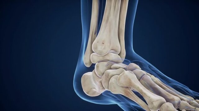 Anatomical rendering of the human foot showing bones tendons and ligaments on a dark blue background