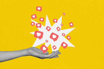 Banner pop creative collage of human hand hold like reaction notification popular blogger feedback...