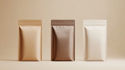 Three minimalist stand-up pouches in beige, brown, and off-white colors, displayed against a neutral background.