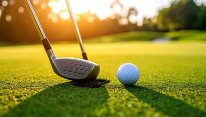 Golf club about to hit a ball