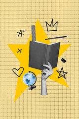 Image pop 3d zine trendy collage of hands hold book education reader plot globe pencil supplies...