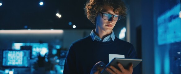 The young man interacting with a tablet in a modern office environment.