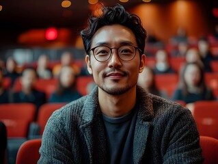 Obraz premium Confident Asian man giving a presentation on stage to a captivated audience