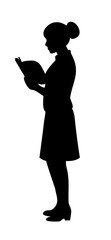 Female student reading book while standing, minimal silhouette vector in profile
