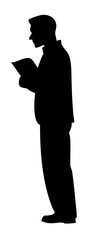Standing male figure holding book and reading, side silhouette vector on transparent background
