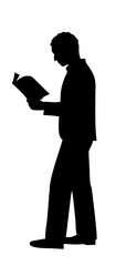 Vector illustration of man reading a book while standing, black silhouette with modern pose
