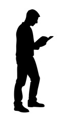 Silhouette of a male student reading upright, clean side profile vector for education visuals
