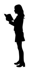 Standing female character reading book, silhouette with clean profile vector illustration
