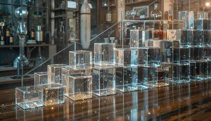 Cubes of glass with golden elements arranged like stairs presents a unique visual concept with the store background visible.