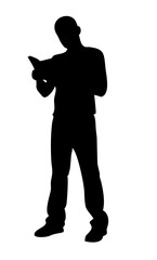 Standing man reading a book, clean silhouette vector with thoughtful posture on white
