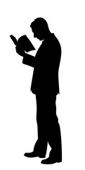 Side view of man holding book and reading while standing, minimal black silhouette vector
