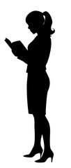Female silhouette reading book while standing, minimal vector design in profile
