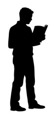 Man reading while standing, black silhouette illustration for education and learning themes
