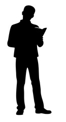 Silhouette of man standing and reading book in side profile, simple vector on transparent background
