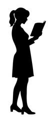 Silhouette of woman standing and reading a book, profile view on transparent background
