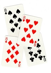 A random selection of playing cards isolated on a white background.