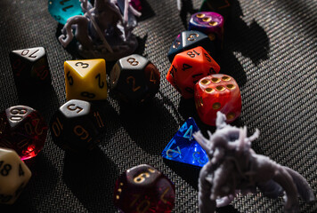 Dramatic High-Contrast RPG Scene with Dice and Miniatures