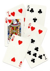 A random selection of playing cards isolated on a white background.