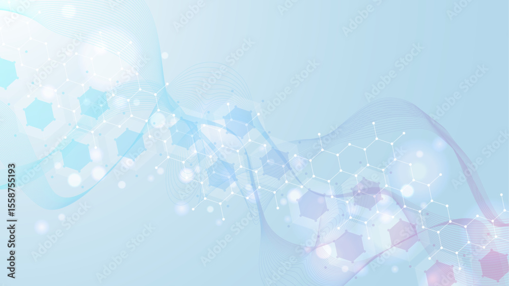 Wall mural modern scientific background with hexagons, lines and dots. wave flow abstract background. molecular
