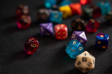 Colorful RPG Dice Collection with Blue Die Focus