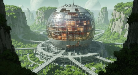 Massive Spherical Structure Amidst Lush Green Mountains and Futuristic Transport Networks