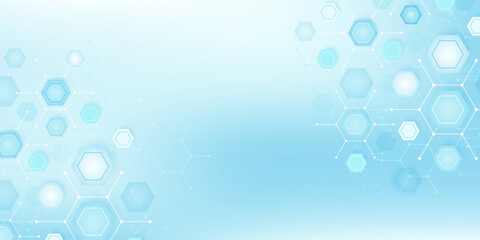 Health care or medical abstract background with hexagons, lines and dots. Scientific innovation banner template concept. Biology and pharmaceutical technology background. Vector illustration.