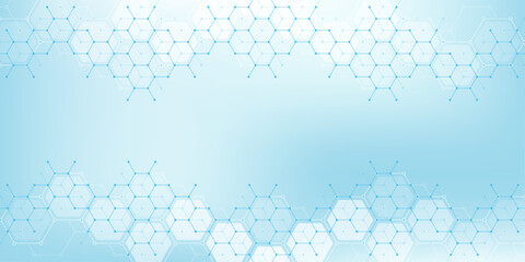 Health care or medical abstract background with hexagons, lines and dots. Scientific innovation banner template concept. Biology and pharmaceutical technology background. Vector illustration.